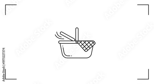 Picnic Basket Icon, Open Wicker Basket with Gingham Cloth, Outdoor Meal Symbol