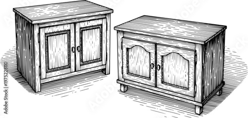 Set of four filing cabinet illustrations in different artistic styles including line art, solid black, engraving, and halftone dot patterns for office and data concepts 