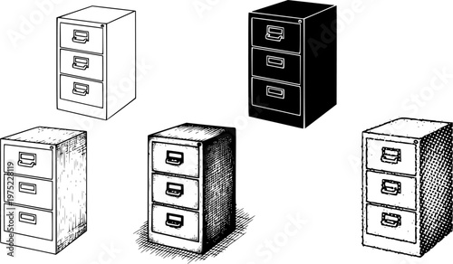 Set of four filing cabinet illustrations in different artistic styles including line art, solid black, engraving, and halftone dot patterns for office and data concepts 