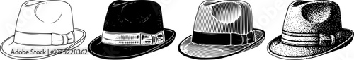 Set of four vintage fedora hats showing different illustration styles from simple line art to detailed engraving, hatching, and stippling techniques in a monochrome design