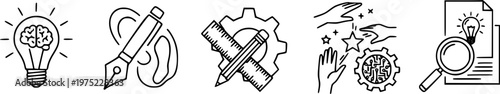 Six distinct black outline icons representing various creative and technical concepts, including AI, design, engineering, and innovation, presented in a clean, modern vector style