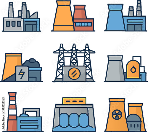 Industrial factory and power plant icons set