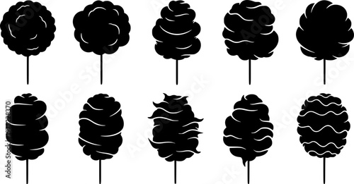 Collection of hand-drawn cotton candy illustrations, each with a unique fluffy shape on a stick.
