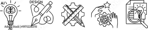 Six distinct black outline icons representing various creative and technical concepts, including AI, design, engineering, and innovation, presented in a clean, modern vector style