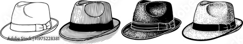 Set of four vintage fedora hats showing different illustration styles from simple line art to detailed engraving, hatching, and stippling techniques in a monochrome design