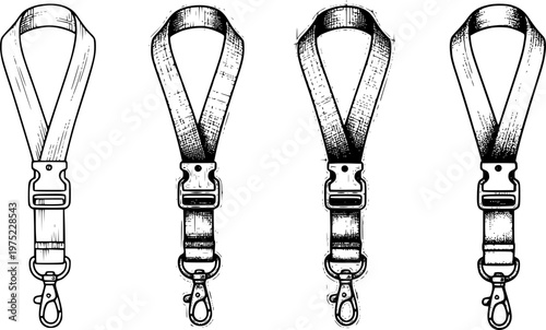 Set of four hand-drawn lanyards with buckles and clasps, illustrated in diverse artistic styles like line art, sketch, engraving, and stippling
