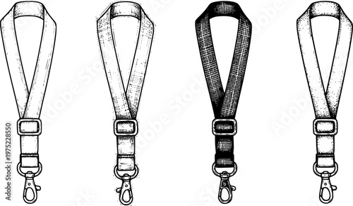 Set of four hand-drawn lanyards with buckles and clasps, illustrated in diverse artistic styles like line art, sketch, engraving, and stippling

