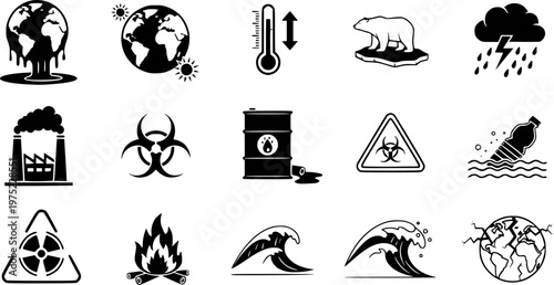 Collection of environmental and disaster warning icons depicting climate change, pollution, and global threats in various styles.
