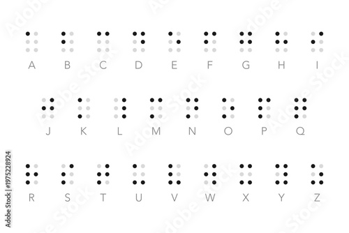 Vector illustration of complete international English braille alphabet chart, showing tactile dot system for visually impaired with matching letter