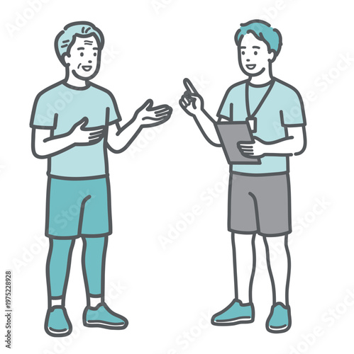 笑顔で男性トレーナーと会話をするシニア男性のイラスト