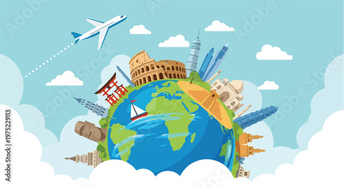 Illustration of a globe with famous landmarks and an airplane flying overhead in a blue sky with clouds, symbolizing global travel and tourism.