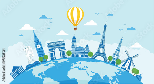 Illustration of famous landmarks from around the world on a globe with a hot air balloon, set against a light blue sky with clouds.