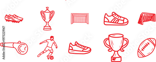 A comprehensive and visually engaging collection of meticulously hand-drawn red outline sports icons featuring a wide array of athletic equipment and game elements, thoughtfully presented with a charm