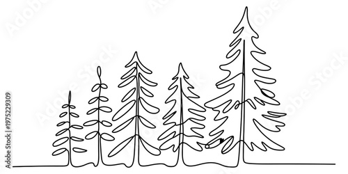 A continuous line drawing depicting a group of five pine trees of varying heights and sizes.