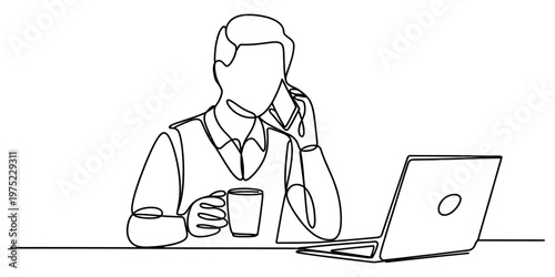 A continuous line drawing of a professional man multitasking with a phone and coffee at a desk