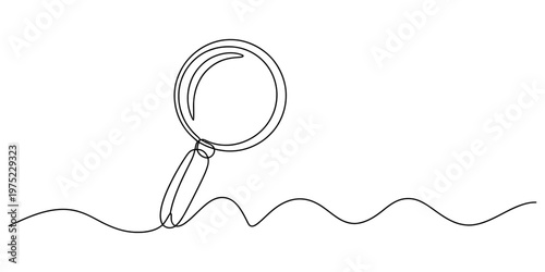 A single continuous line drawing of a magnifying glass moving across a simple wavy horizontal base