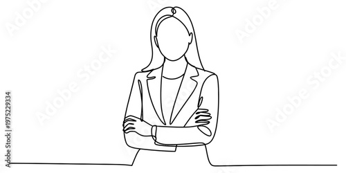 Minimalist continuous line drawing of a professional woman standing with her arms firmly crossed