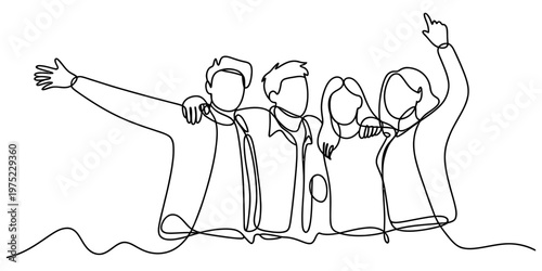 A continuous line drawing of a group of four happy friends standing together and celebrating life