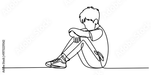A continuous line drawing of a lonely boy sitting on the ground with his head down in sadness