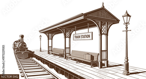 Vintage Steam Train at Old-Fashioned Train Station Platform, Retro Travel