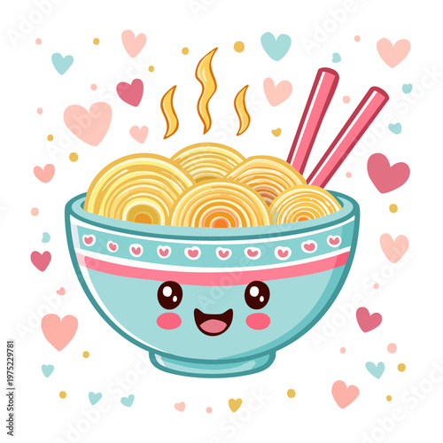 Adorable blue noodle bowl character with chopsticks and hearts for japanese ramen restaurant mascot design concept - Vector Illustration