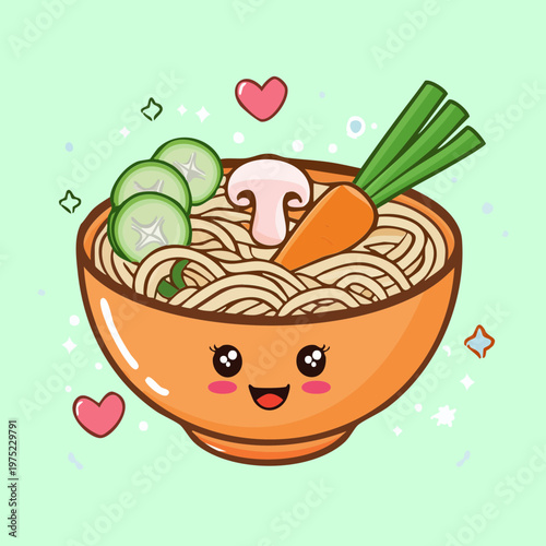 Kawaii orange noodle bowl character with vegetables and happy expression for japanese ramen shop branding design - Vector Illustration