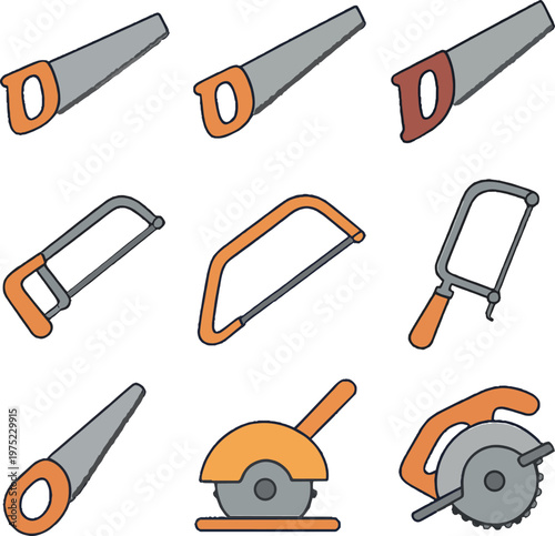 colorful set of various hand and power saws
