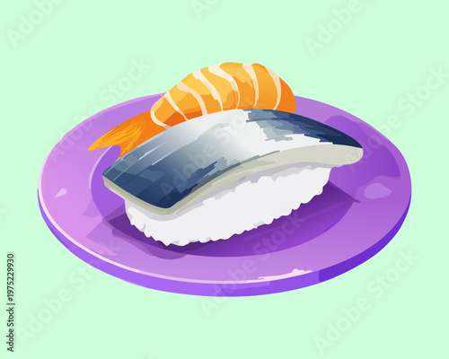 Two pieces of fresh fish nigiri sushi on a purple plate for japanese restaurant menu - Vector Illustration