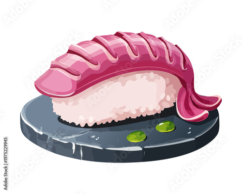 Delicious shrimp nigiri sushi on a dark stone plate in flat graphic japanese food style - Vector Illustration