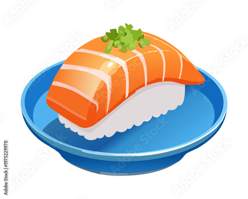 Fresh salmon nigiri sushi on a blue plate in flat colorful japanese food illustration style - Vector Illustration