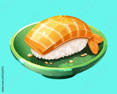 Single piece of fresh salmon nigiri sushi on a green plate in flat illustration style - Vector Illustration