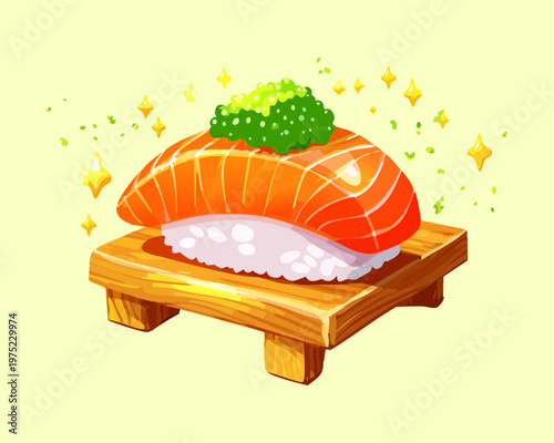 Pair of fresh salmon sushi nigiri on a wooden tray for japanese restaurant menu design - Vector Illustration