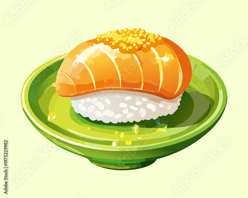 Delicious salmon sushi nigiri on a green plate for conveyor belt sushi restaurant menu design - Vector Illustration