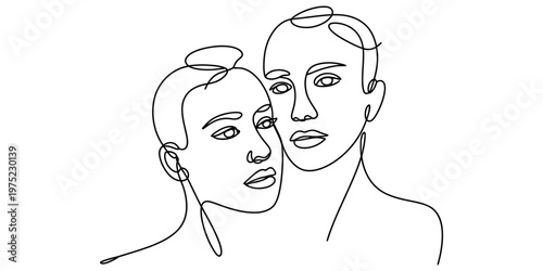 A minimalist single line drawing of a loving couple embracing in a simple and elegant portrait.