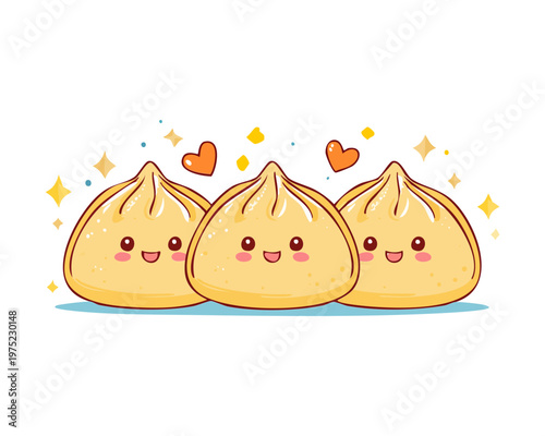 Three cute smiling dumplings with sparkles in flat kawaii cartoon mascot illustration art style - Vector Illustration