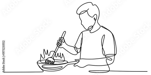 A continuous line drawing of a young man cooking a meal in a hot frying pan over a bright flame.