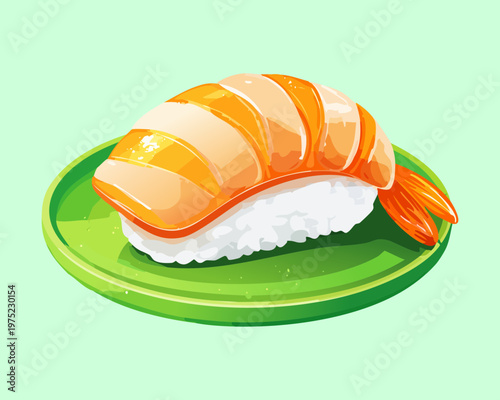 Single piece of fresh salmon nigiri sushi on a green plate in flat illustration style - Vector Illustration