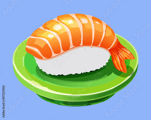 Fresh shrimp nigiri sushi on a green plate in flat colorful japanese food illustration style - Vector Illustration