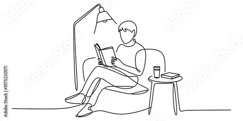 A continuous line drawing of a person sitting in an armchair reading a book under a floor lamp