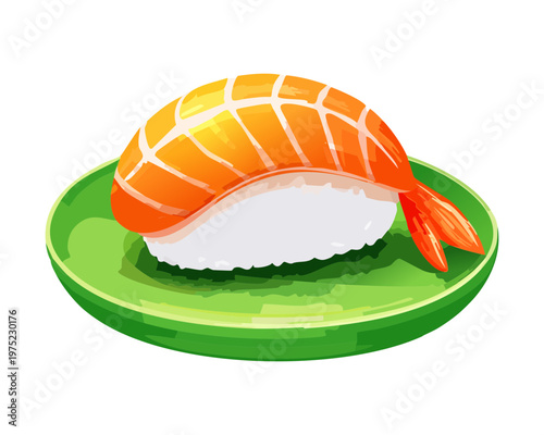 Single piece of fresh shrimp nigiri sushi on a green plate in flat style - Vector Illustration