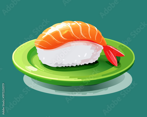 Delicious shrimp sushi nigiri on a dark green plate for japanese restaurant menu design - Vector Illustration