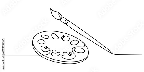 A single continuous line drawing of a painter palette with a brush for creative design projects