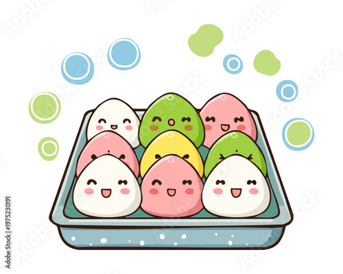 Adorable colorful dango rice cake balls in a tray with happy faces for japanese dessert - Vector Illustration