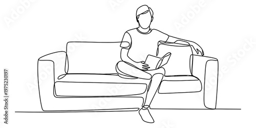 A continuous line drawing of a person sitting on a comfortable couch while reading a book alone