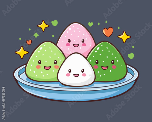 Three colorful dango mochi balls on a dark plate with cute faces in flat style - Vector Illustration