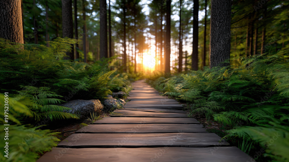 Obraz premium A serene wooden path leading through a sunlit forest, offering a tranquil nature scene