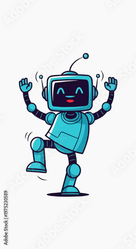A cute robot joyfully dancing. The robot is colored blue, and has a smiling face. 