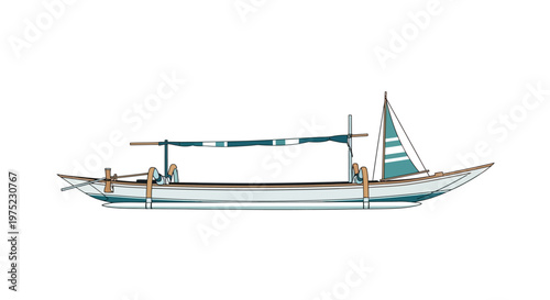 Traditional outrigger canoe with sail on a white background