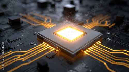 Close-up of a modern glowing central processing unit (CPU), a symbol of technology and innovation. The CPU is connected to various electrical pathways, with an illuminated core