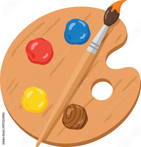 Wooden artist palette with colorful paints and brush in bright vibrant lighting for art supplies on transparent background